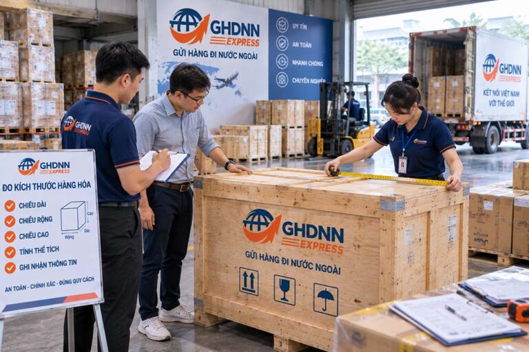Tiến hành đo kích thước kiện hàng sau khi đóng gói xong