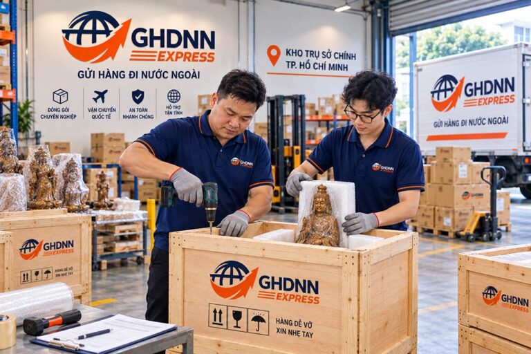 Nhân viên GHDNN Express đóng gói tượng