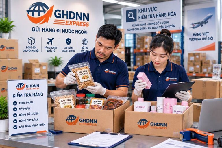 Nhân viên GHDNN Express kiểm tra hàng thực phẩm mỹ phẩm