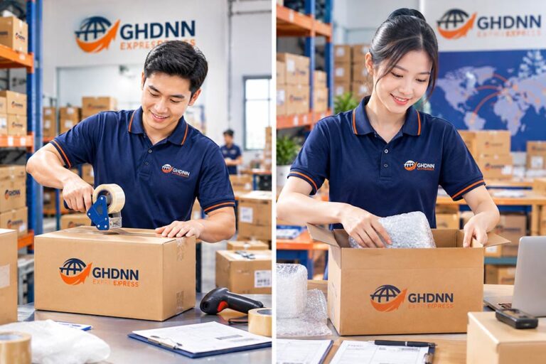 Nhân viên đóng gói hàng hóa tại GHDNN Express