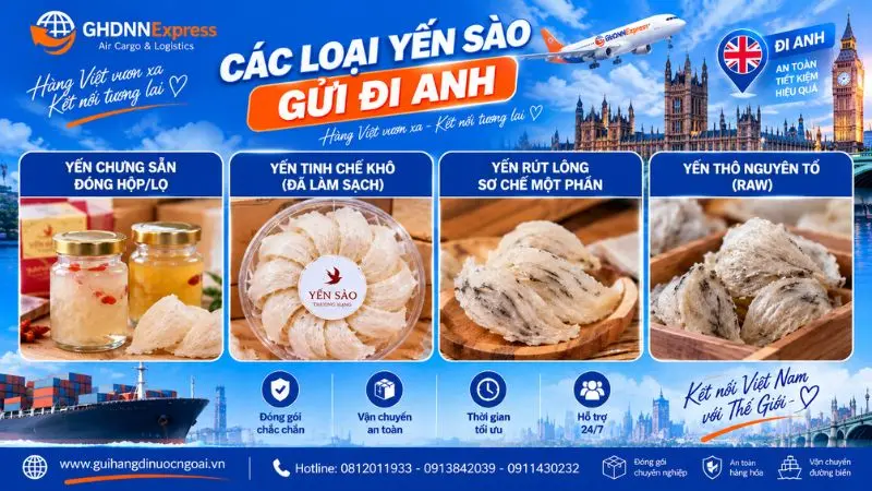 Các loại yến sào gửi đi Anh