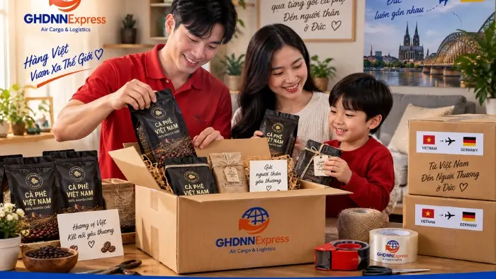 Gia đình gói quà cà phê gửi người thân ở Đức