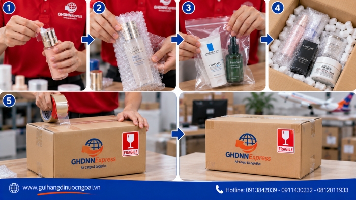 Nhân viên GHDNN đóng gói mỹ phẩm đi Đức an toàn