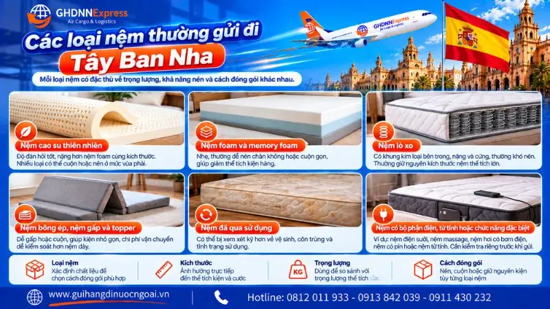 Các loại nệm thường gửi đi Tây Ban Nha: nệm cao su, nệm foam, nệm lò xo, nệm bông ép