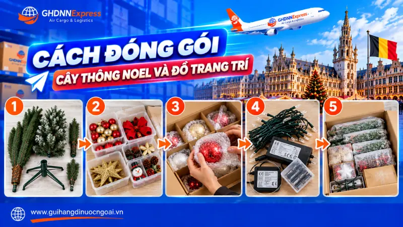 Đóng gói cây thông đồ trang trí noel đi Bỉ