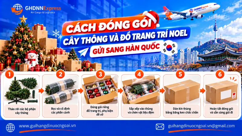 Cách đóng gói cây thông đồ trang trí Noel gửi đi Hàn Quốc