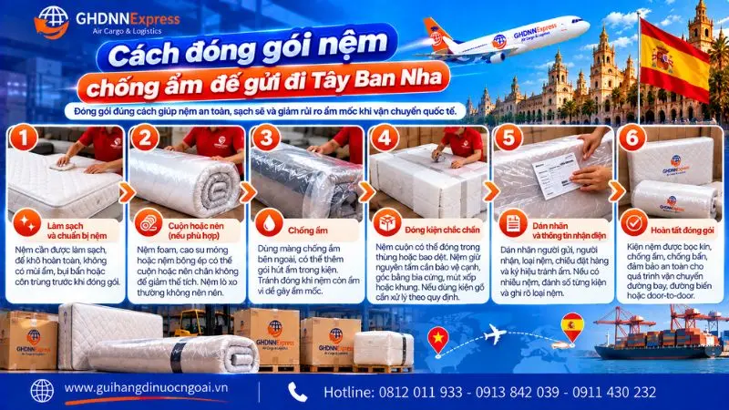 Cách đóng gói nệm chống ẩm để vận chuyển quốc tế đi Tây Ban Nha