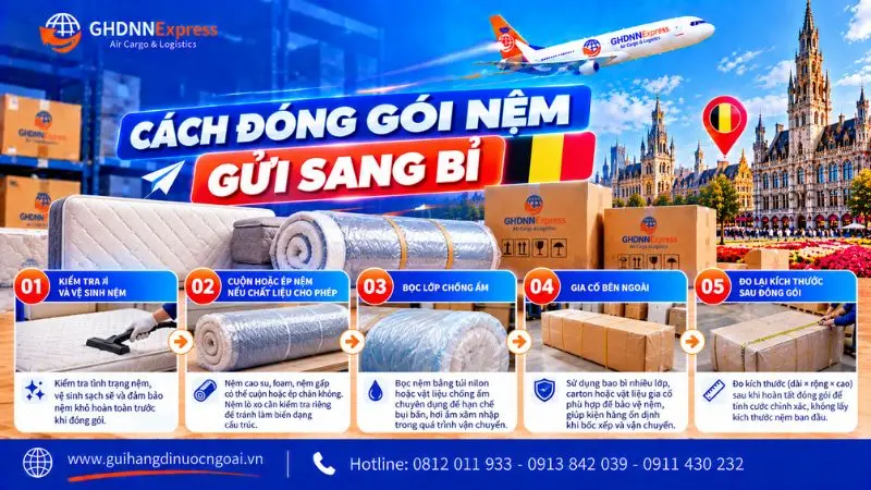 Cách đóng gói nệm gửi đi Bỉ