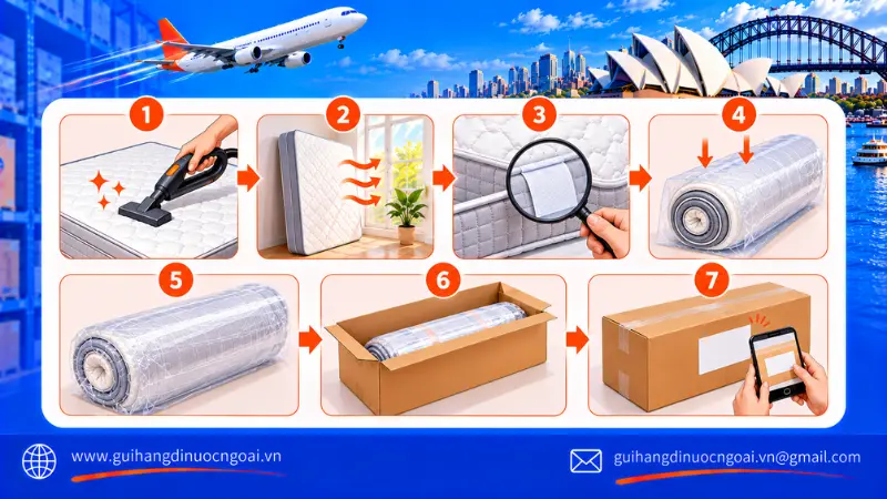 Quy trình 7 bước đóng gói nệm gửi đi Úc: vệ sinh, sấy khô, kiểm tra chất liệu, hút chân không, bọc chống ẩm, đóng thùng, dán nhãn