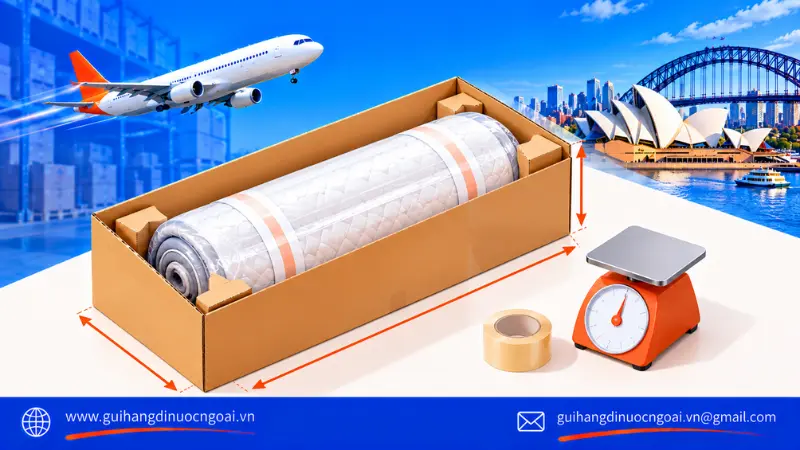 Công thức tính cân quy đổi nệm cuộn khi gửi hàng đi Úc: dài nhân rộng nhân cao chia 5.000