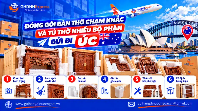 Đóng gói bàn tủ thờ đi Úc an toàn