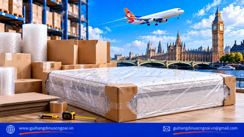 Đóng gói nệm bằng vật liệu chống ẩm trước khi gửi đi Anh