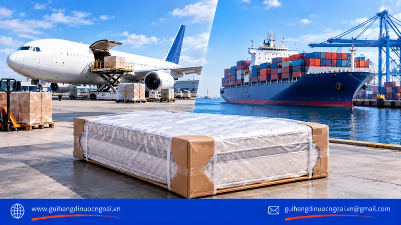 Minh họa phương thức gửi nệm đi Anh bằng đường bay và đường biển