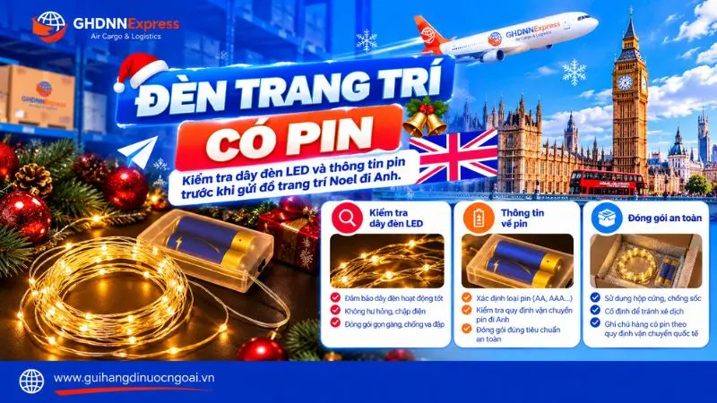 Kiểm tra dây đèn led và thông tin pin trước khi gửi đồ trang trí noel đi Anh